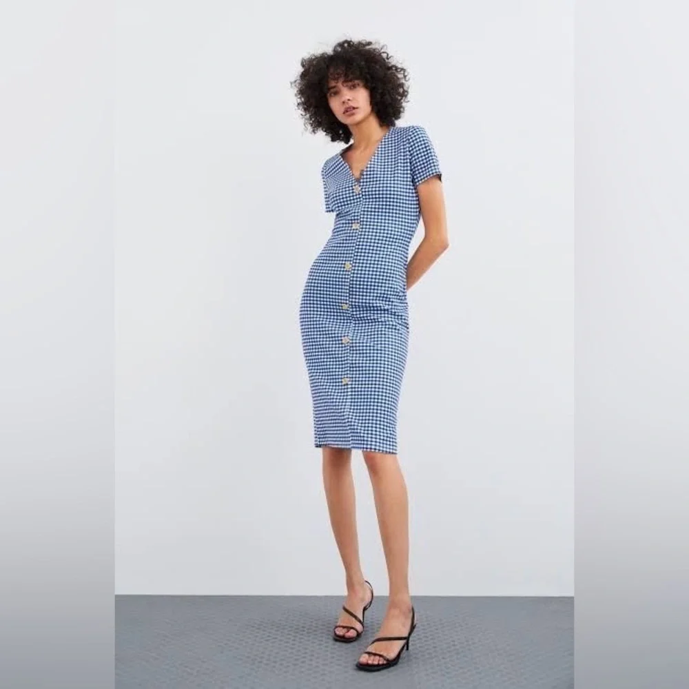NWT Zara Gingham Blue Bodycon Dress Women’s M - Picture 4 of 10